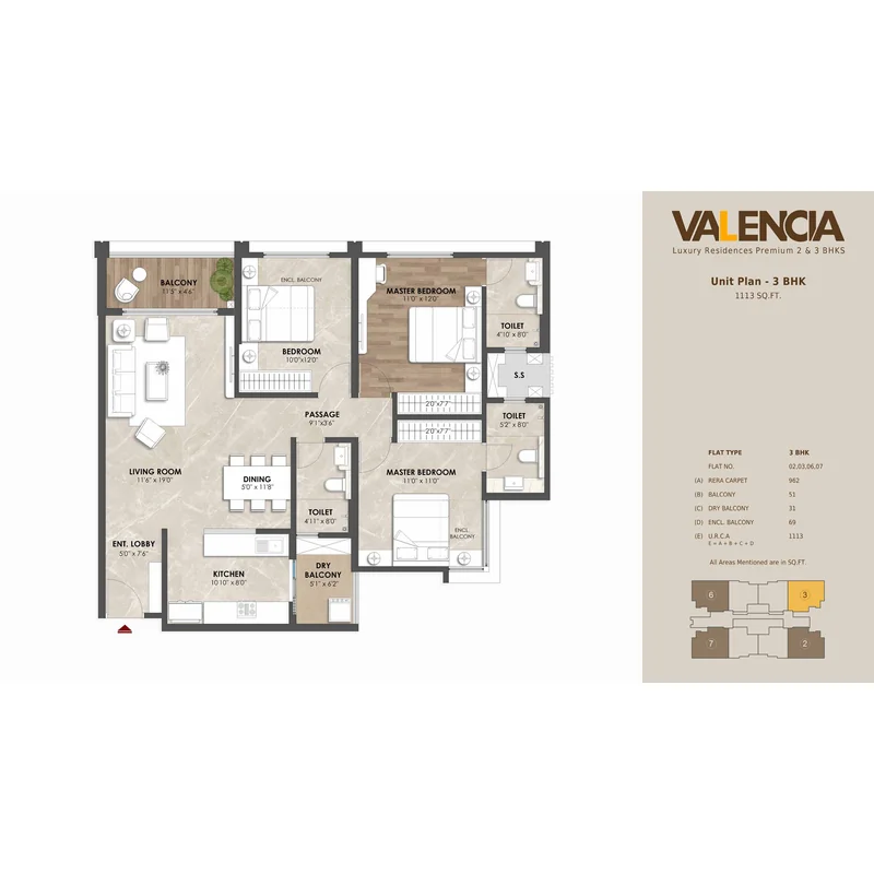 3 BHK 1113 sq. ft.